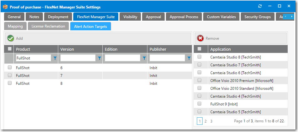 Catalog Item Properties Dialog Box / FlexNet Manager Suite &gt; Alert Action Targets Tab