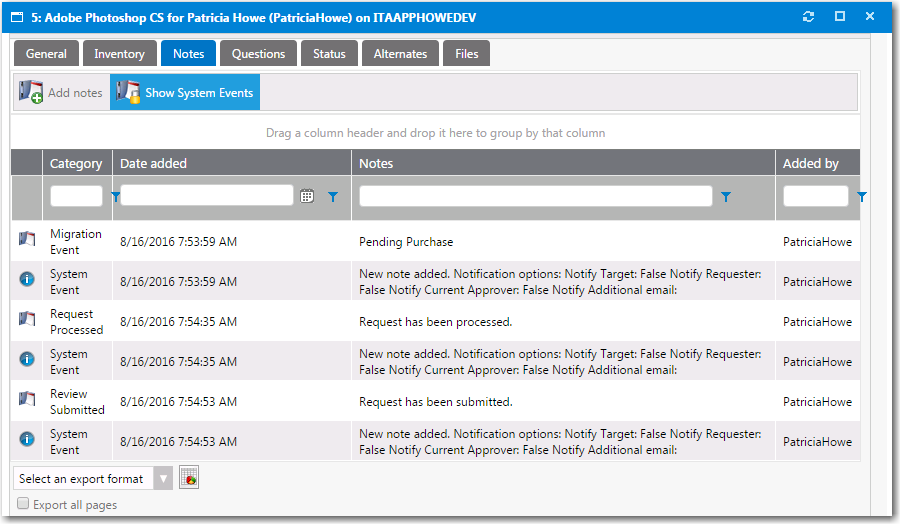 Displaying System Events on Notes Tab